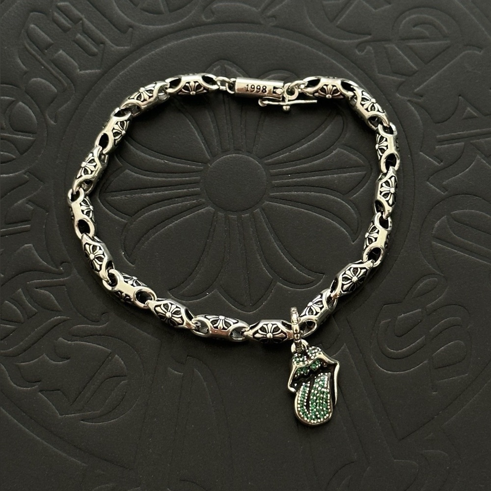 Chrome Hearts Silver Floral Link Bracelet with Green Charm Pavé